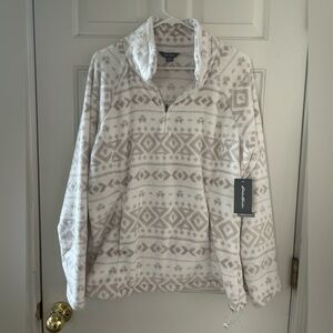 Eddie Bauer very soft tan/white fleece 1/4 zip, front pocket, pullstring XL